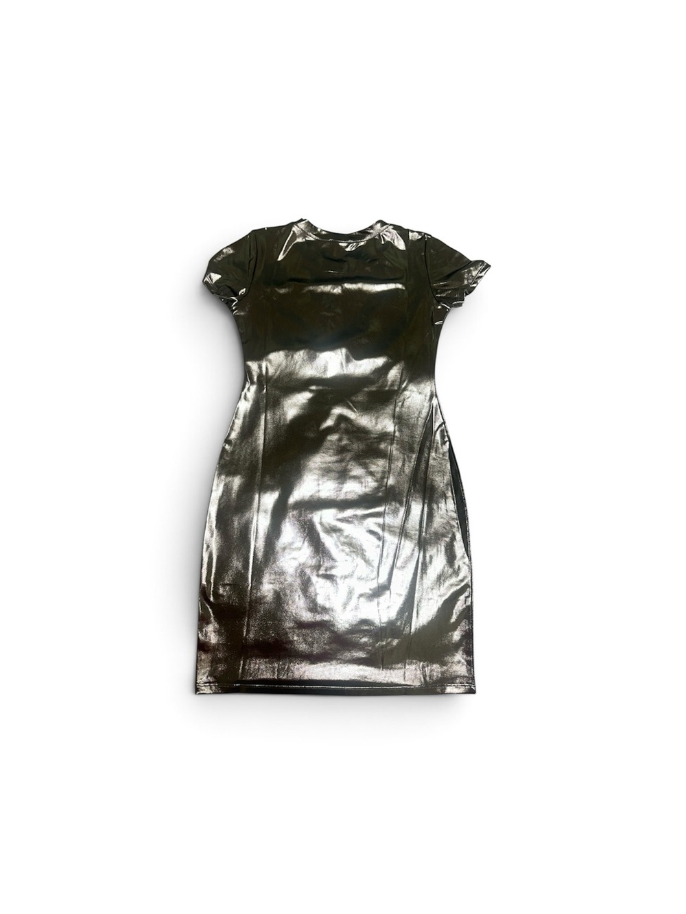 Metallic Silver Short-Sleeve Sheath Dress